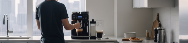 Un hombre preparando un café con una cafeterá superautomática